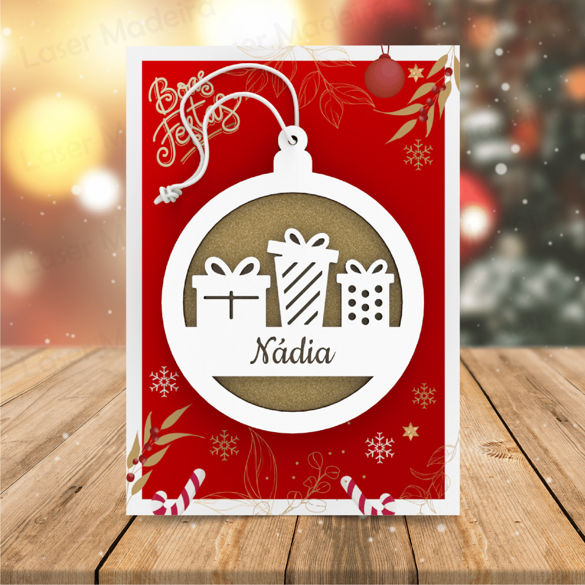 Bola de Natal Personalizada com Nome - Modelo 2 (com fundo) - Laser Madeira