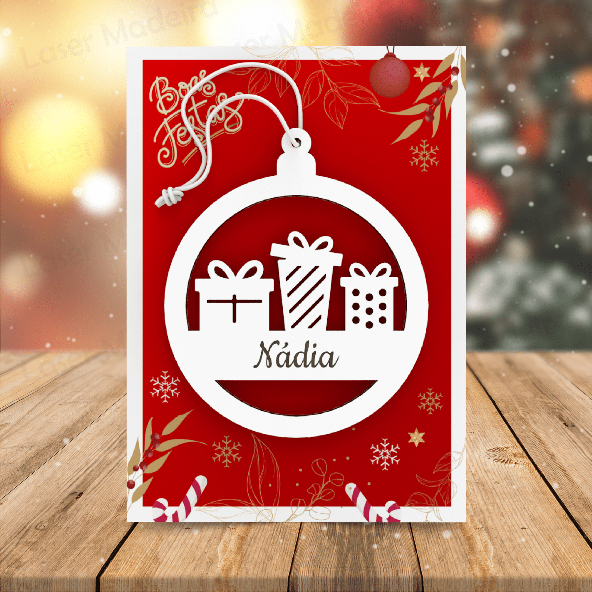 Bola de Natal Personalizada com Nome - Modelo 2 (sem fundo) - Laser Madeira