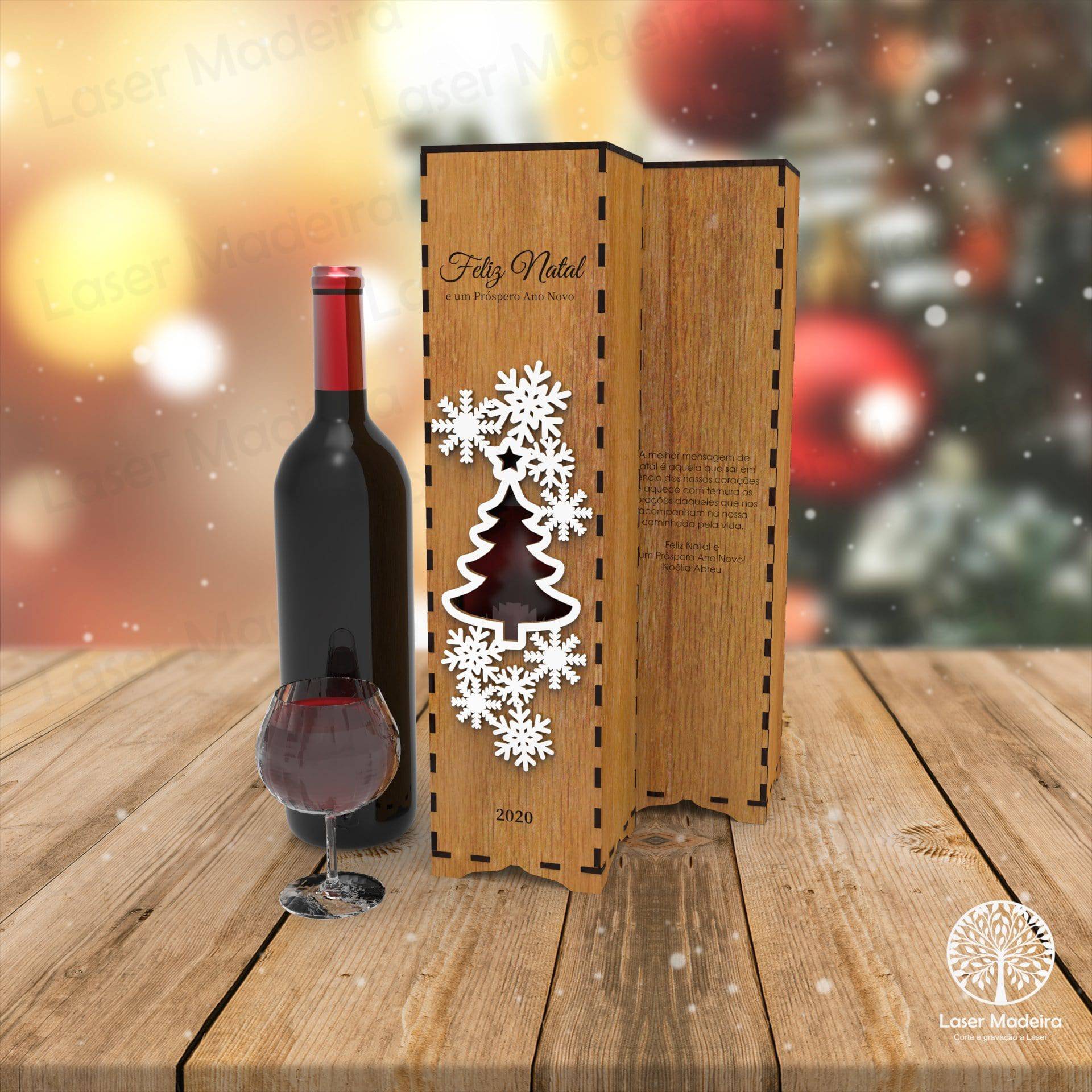 Caixa para Garrafa de Vinho Personalizada para Natal - Modelo 1 - Laser Madeira