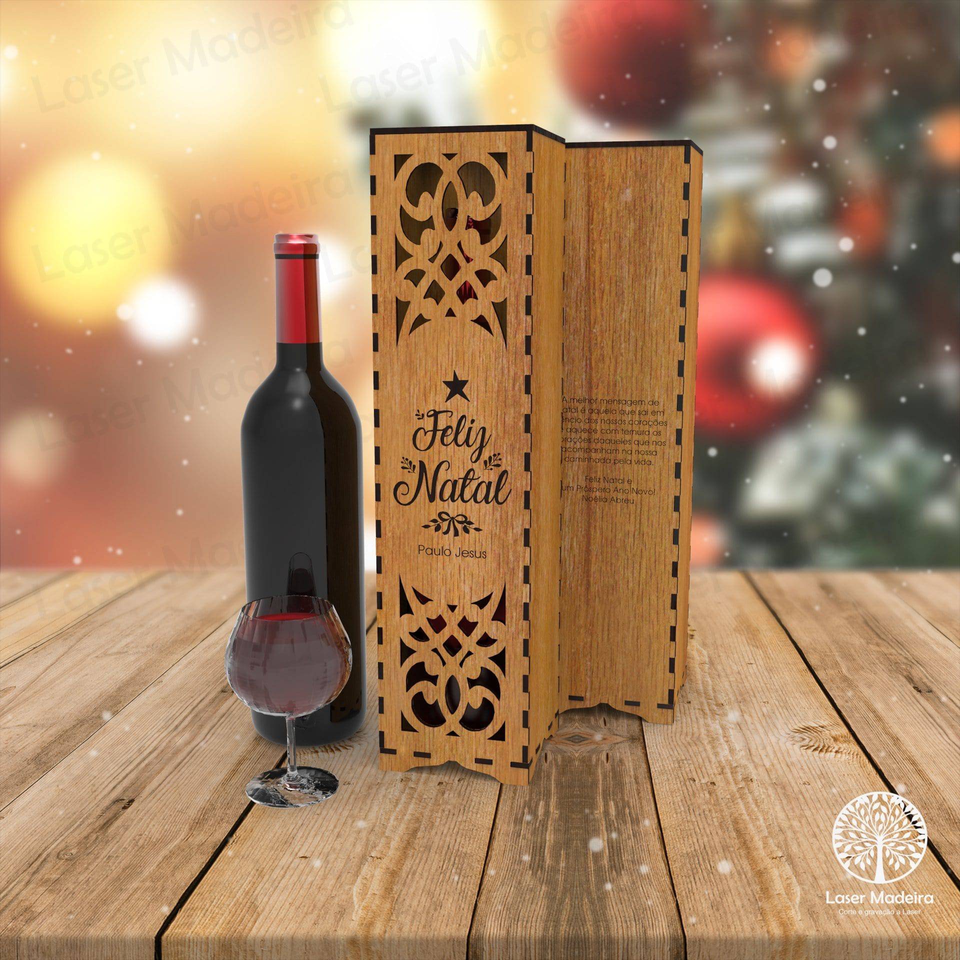 Caixa para Garrafa de Vinho Personalizada para Natal - Modelo 2 - Laser Madeira