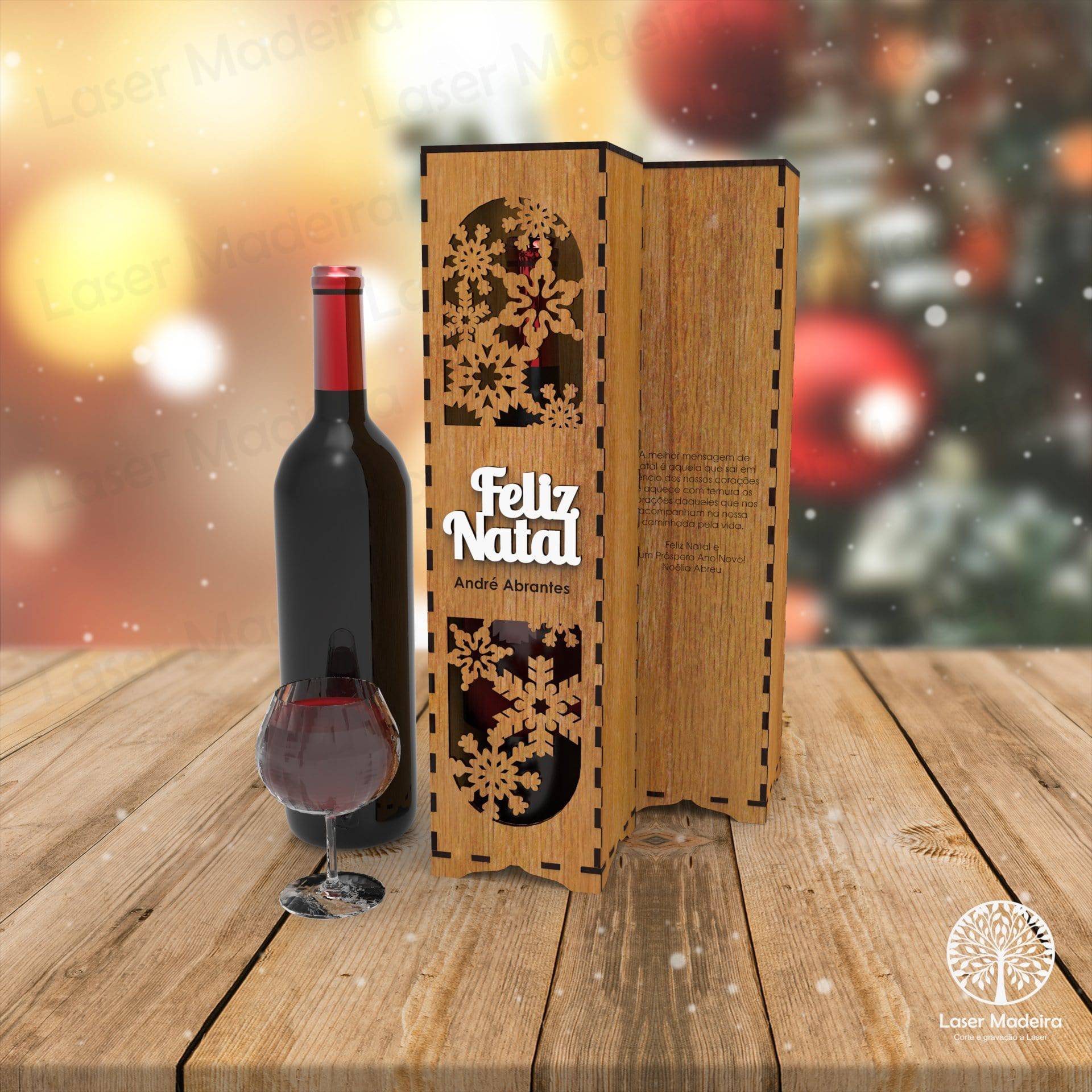 Caixa para Garrafa de Vinho Personalizada para Natal - Modelo 3 - Laser Madeira