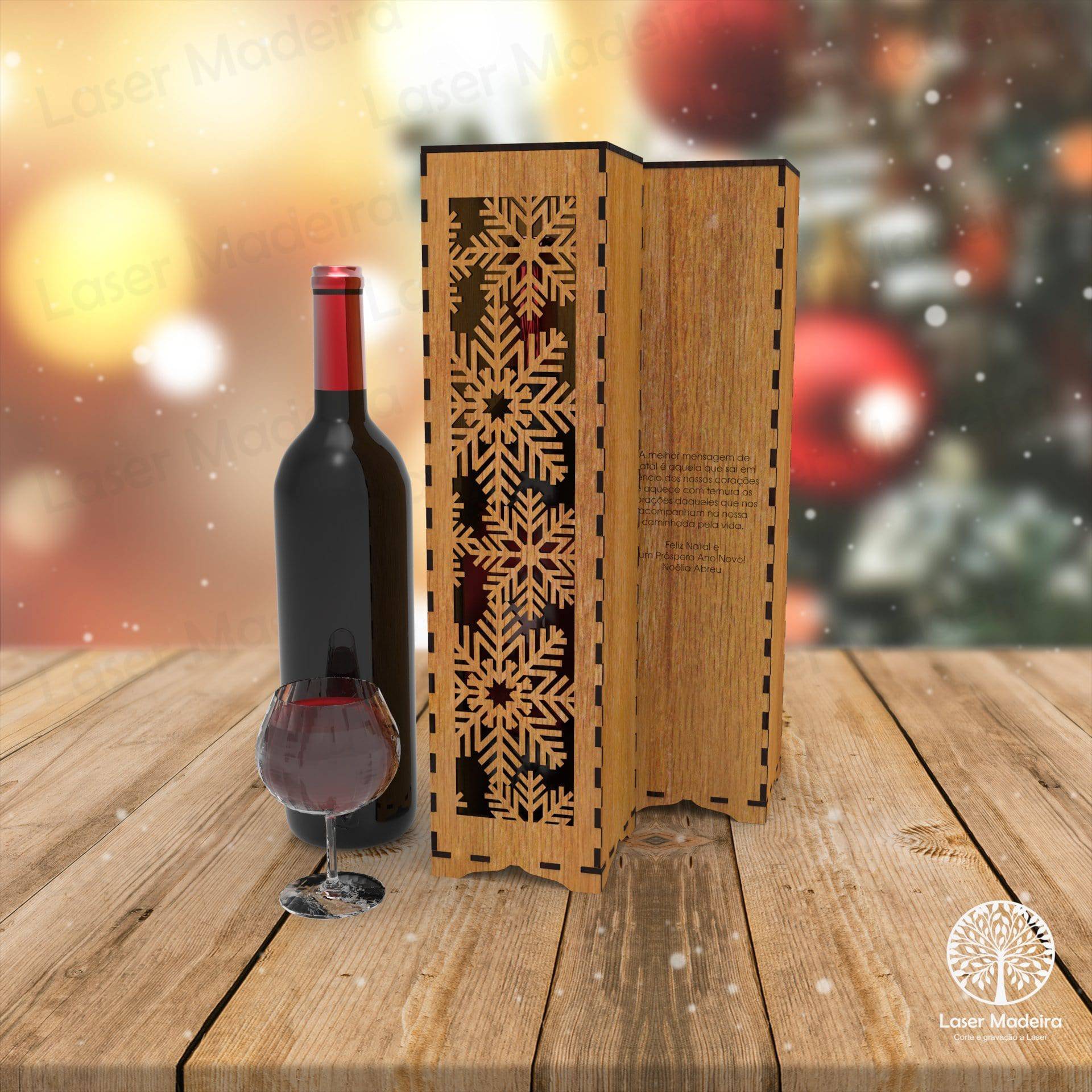 Caixa para Garrafa de Vinho Personalizada para Natal - Modelo 4 - Laser Madeira