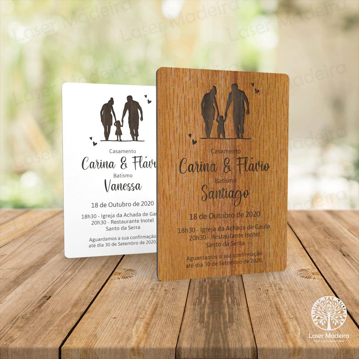 Convite Casamento Batismo Vertical - Casal com filho - Laser Madeira