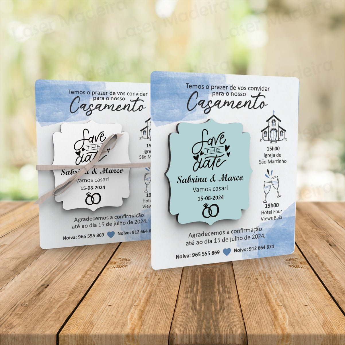 Convite Personalizado para Casamento com Íman e Cartão - Save The Date - Azul - Laser Madeira