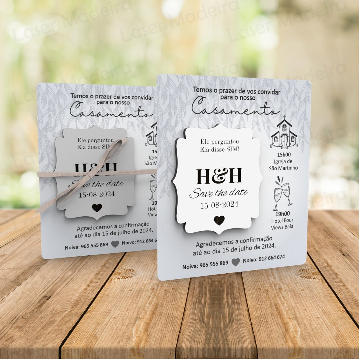 Convite Personalizado para Casamento com Íman e Cartão - Save The Date - Cinzento - Laser Madeira