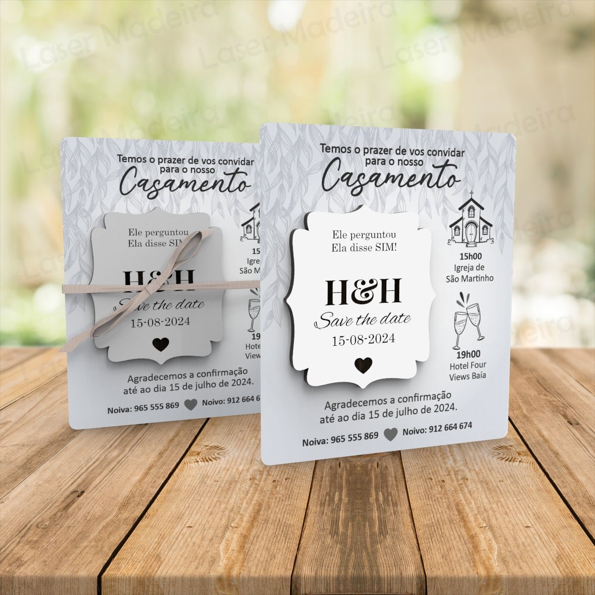 Convite Personalizado para Casamento com Íman e Cartão - Save The Date - Cinzento - Laser Madeira