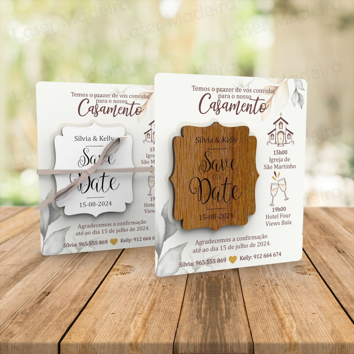 Convite Personalizado para Casamento com Íman e Cartão - Save The Date - Folhas - Laser Madeira