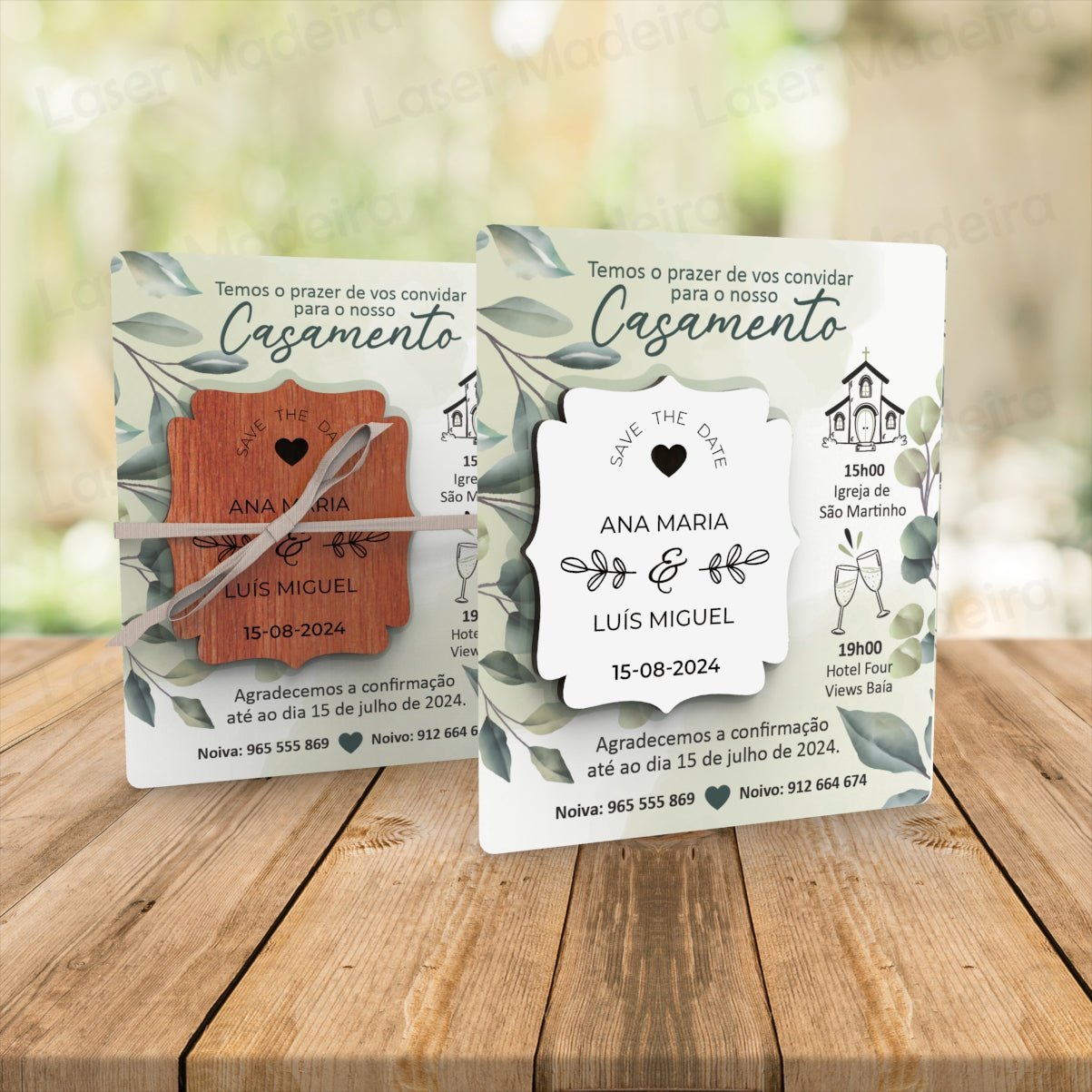 Convite Personalizado para Casamento com Íman e Cartão - Save The Date - Folhas Verdes - Laser Madeira