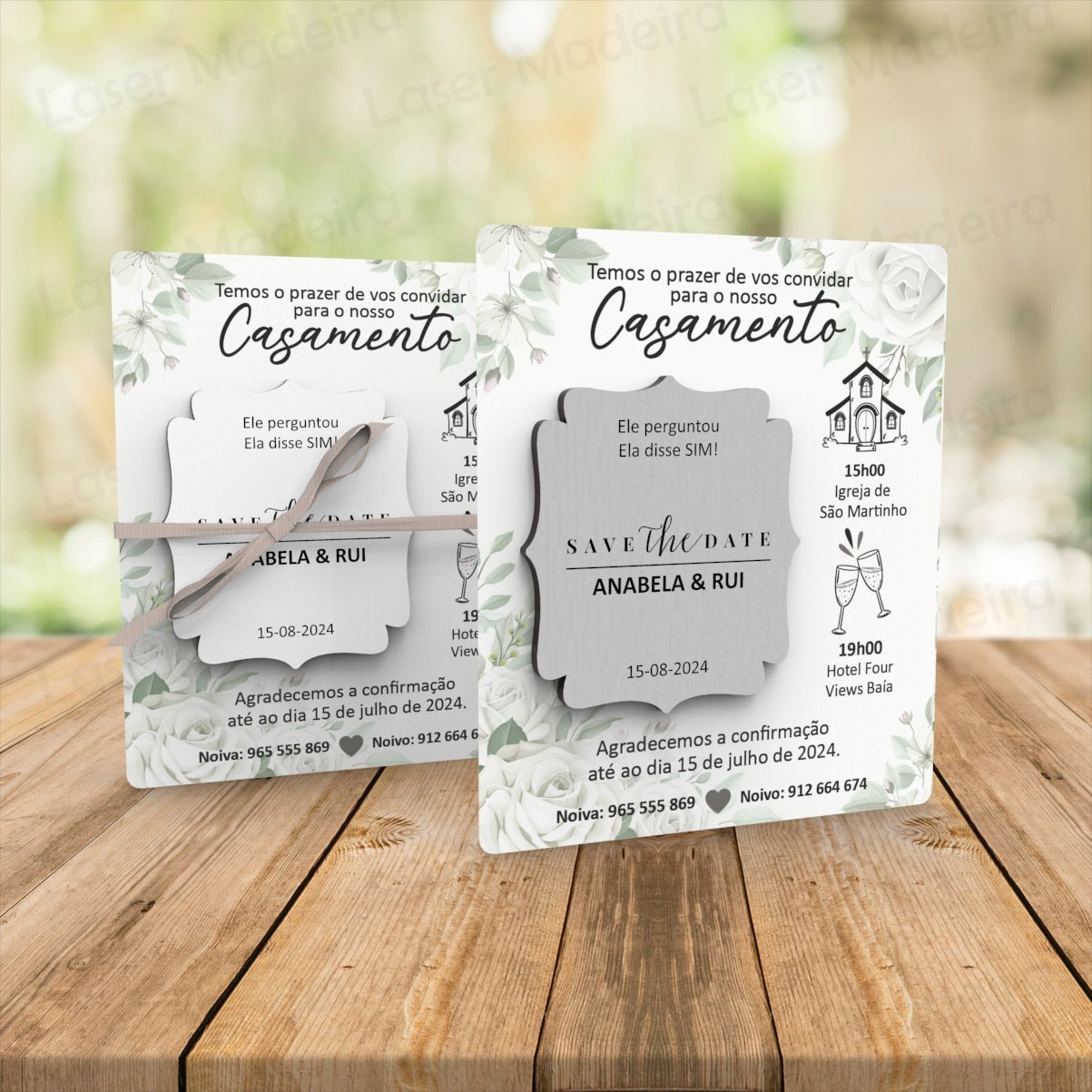 Convite Personalizado para Casamento com Íman e Cartão - Save The Date - Rosas Brancas - Laser Madeira