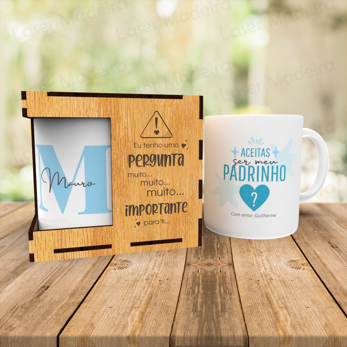 Convite Personalizado para Padrinhos de Batismo - com Caixa e Caneca - Laser Madeira