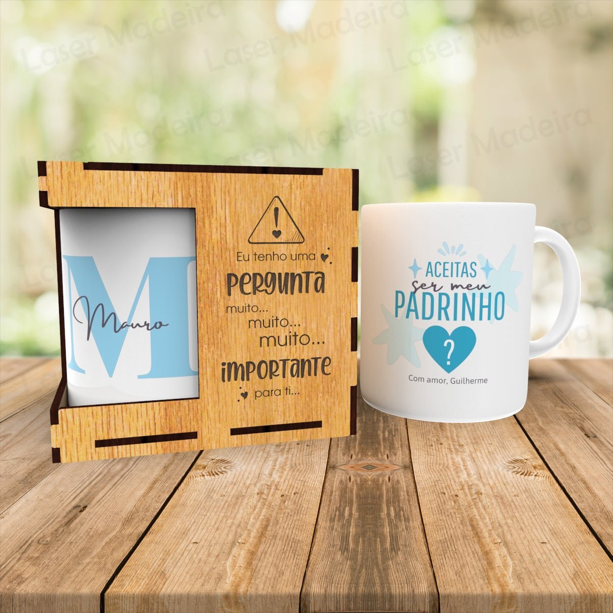 Convite Personalizado para Padrinhos de Batismo - com Caixa e Caneca - Laser Madeira