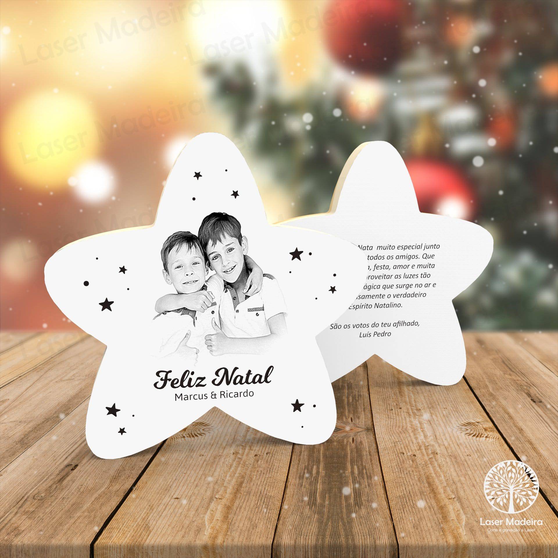 Estrela de Natal Personalizada com Fotogravação - Modelo 3 - Laser Madeira