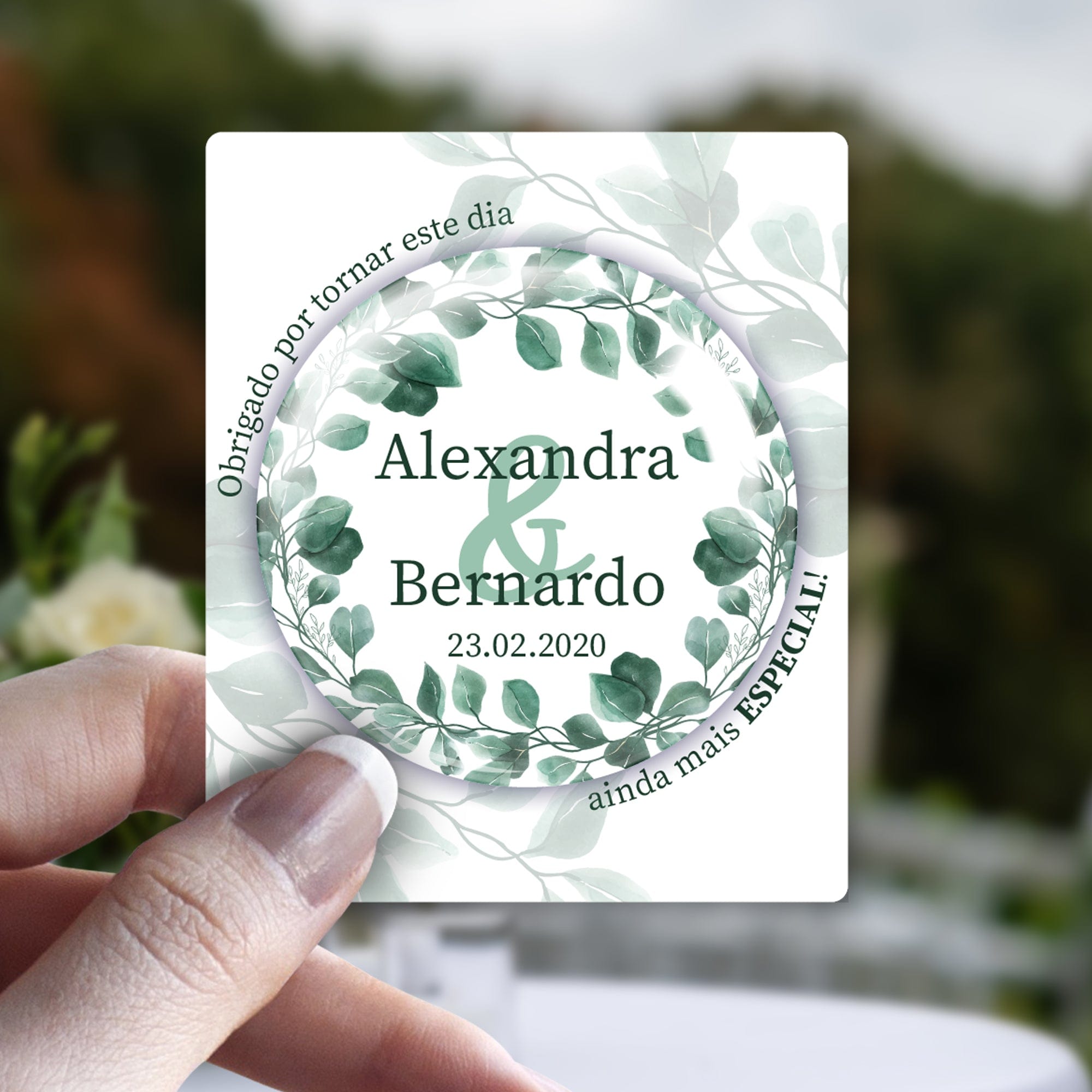 Lembrança Personalizada de Casamento - Aro Floral em Verde - Laser Madeira