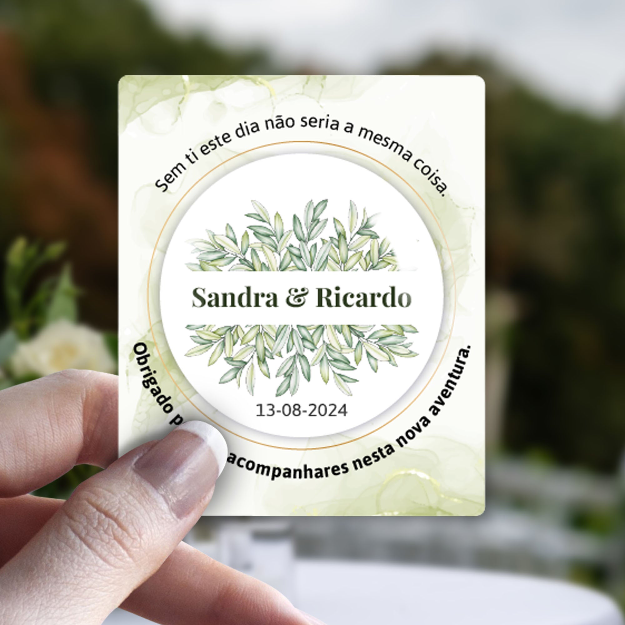 Lembrança Personalizada de Casamento - com Folhas e Aguarela Verde - Laser Madeira