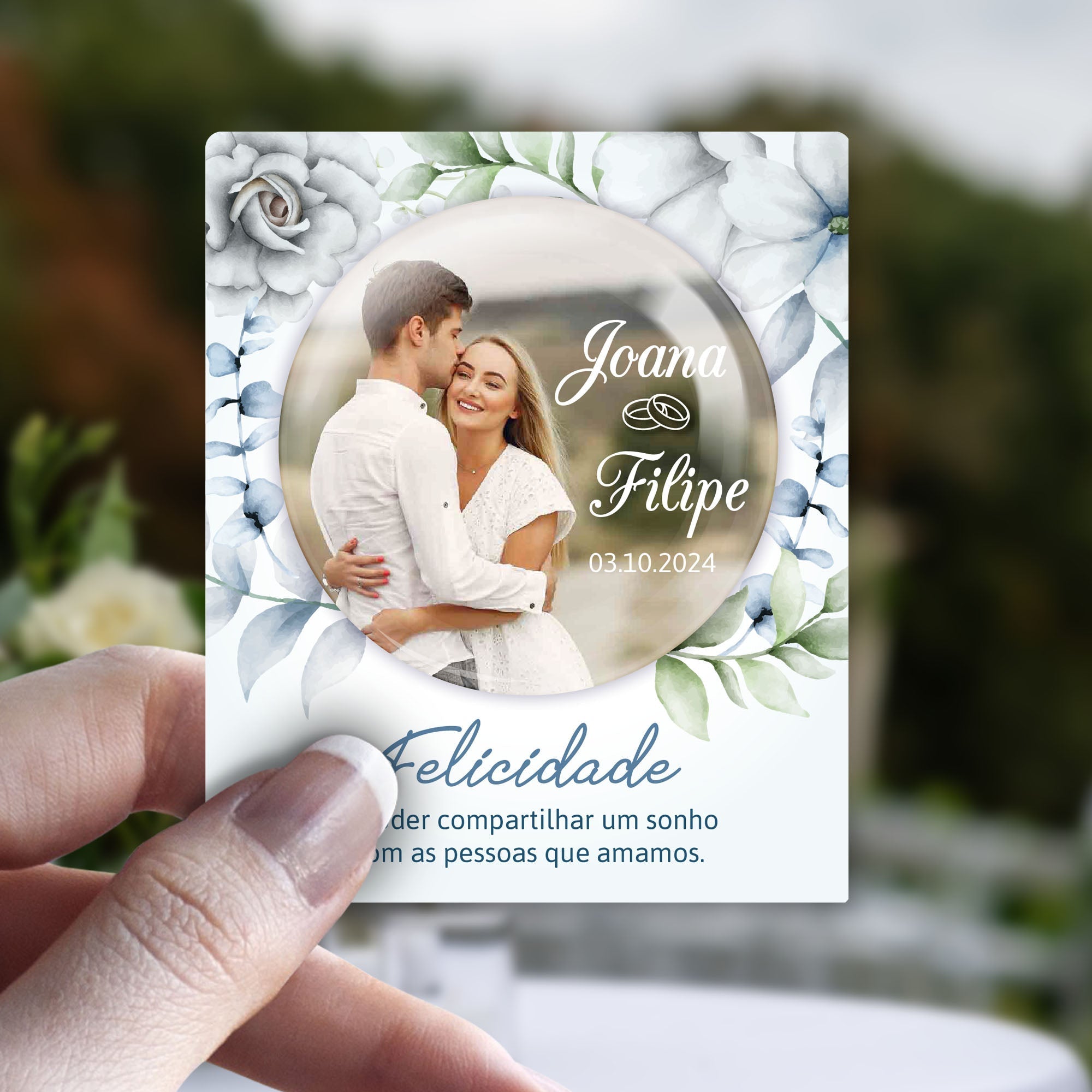 Lembrança Personalizada de Casamento - com Fotografia e Flores - Laser Madeira