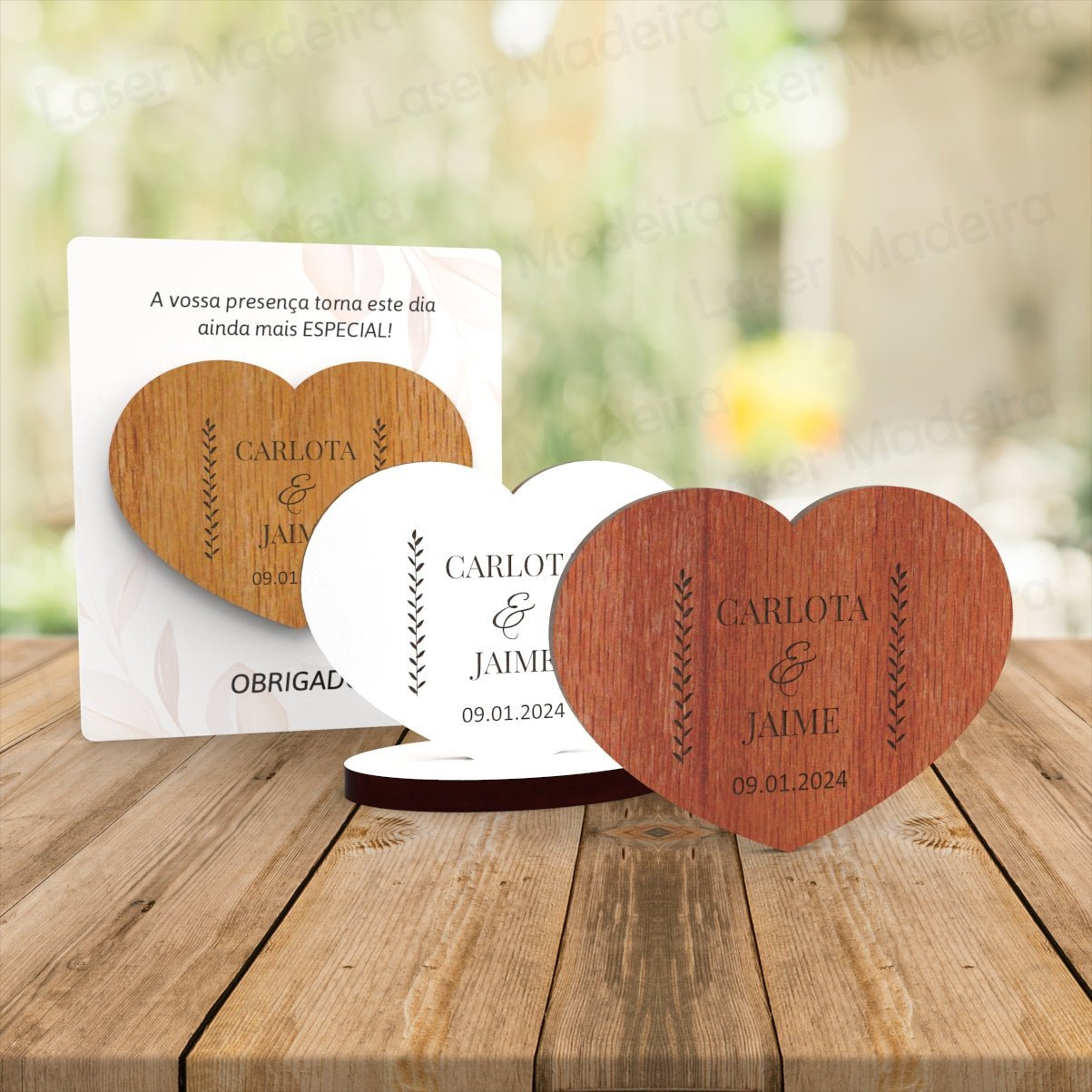 Lembrança Personalizada de Casamento Coração - Folhas - Laser Madeira