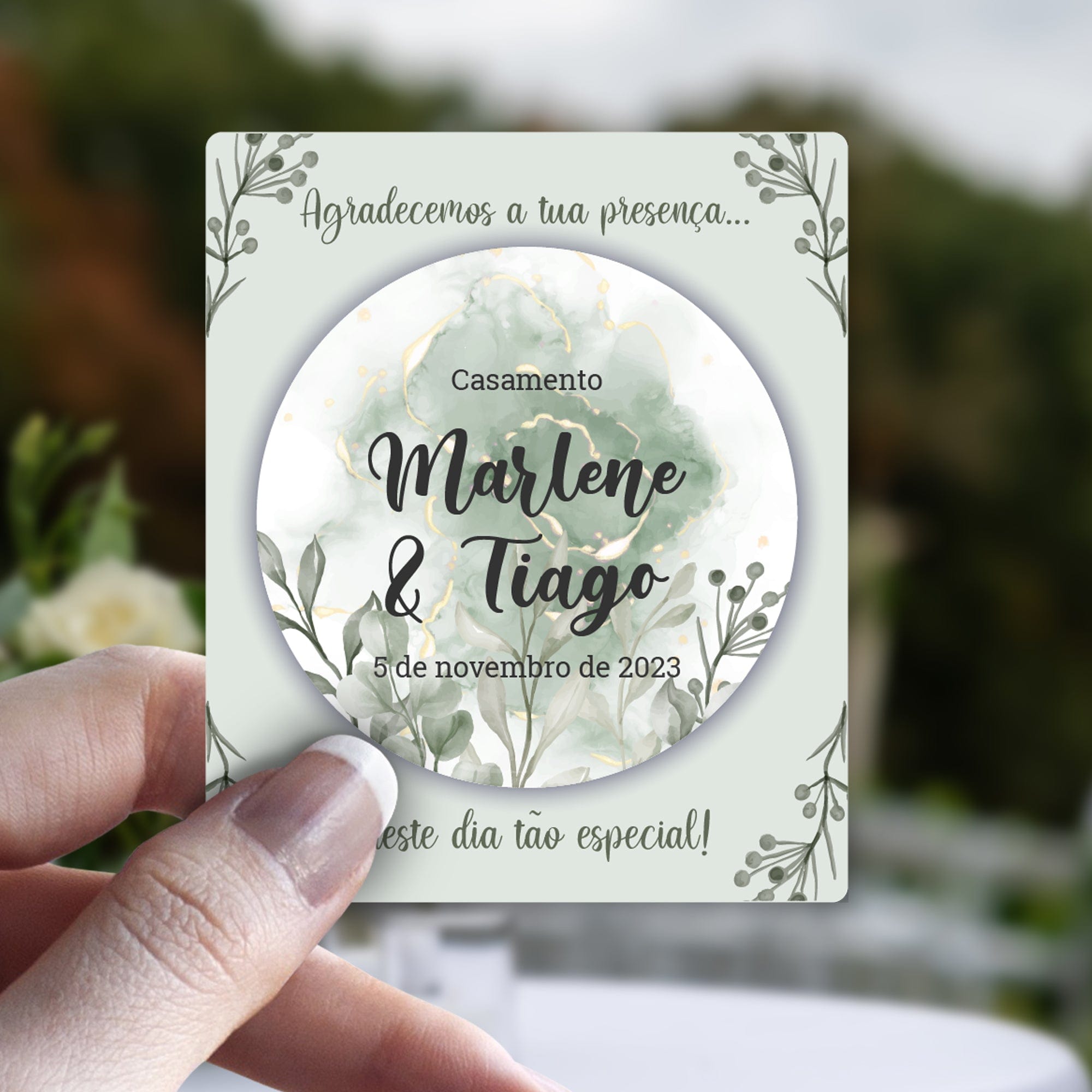 Lembrança Personalizada de Casamento - Floral em Verde - Laser Madeira