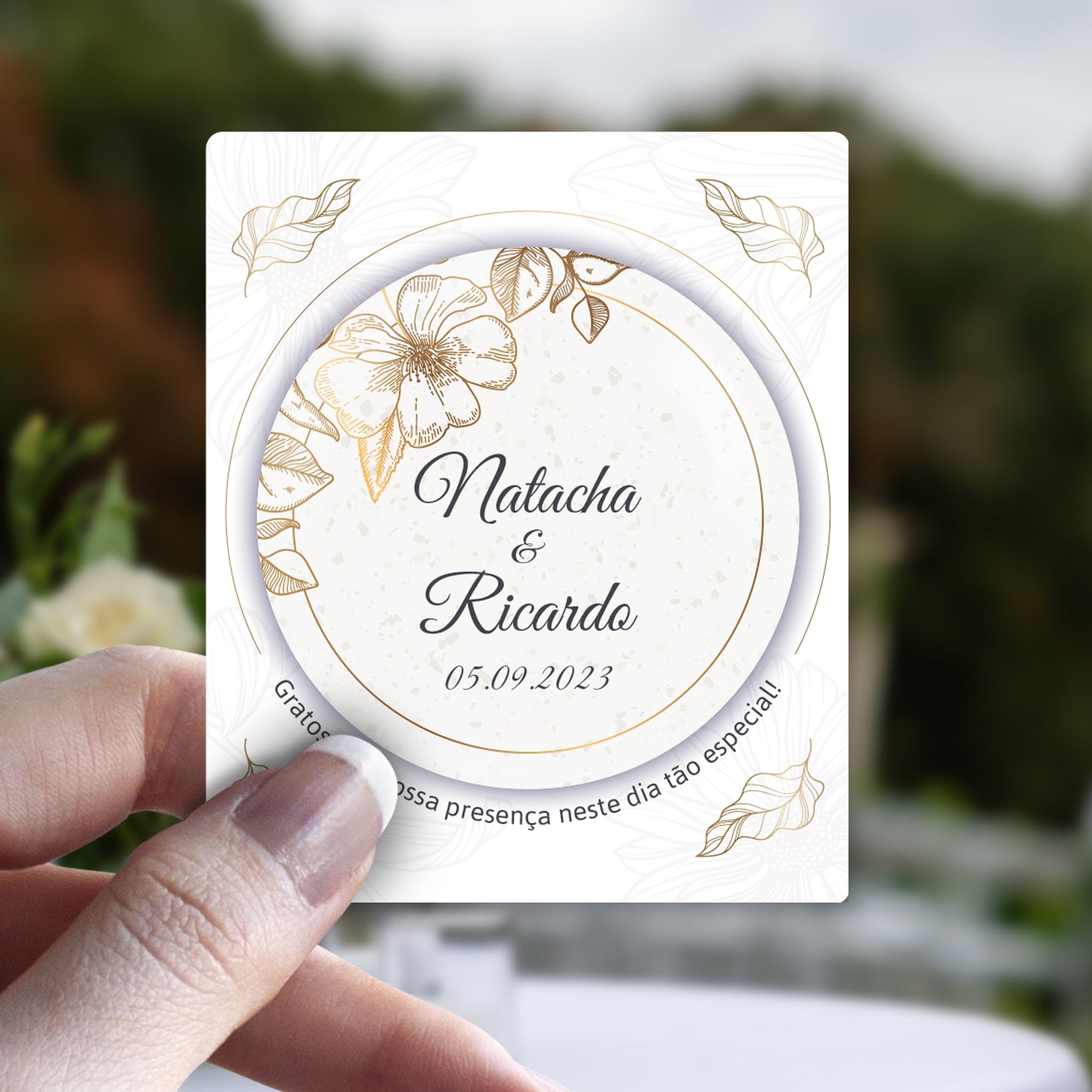 Lembrança Personalizada de Casamento - Flores Dourado - Laser Madeira