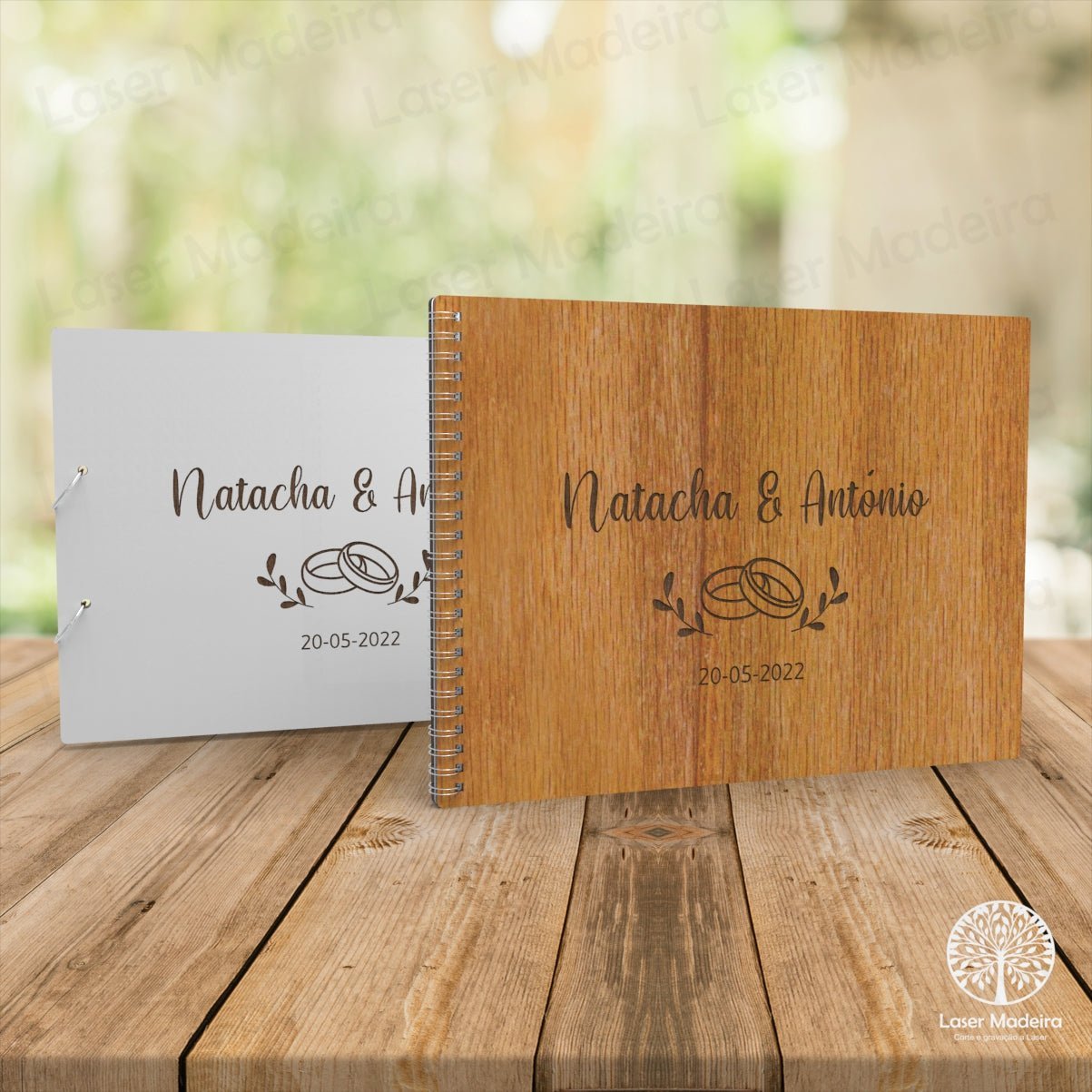 Livro de Honra Personalizado com Alianças e Folhas - Tamanho A4 - para Casamento - Laser Madeira