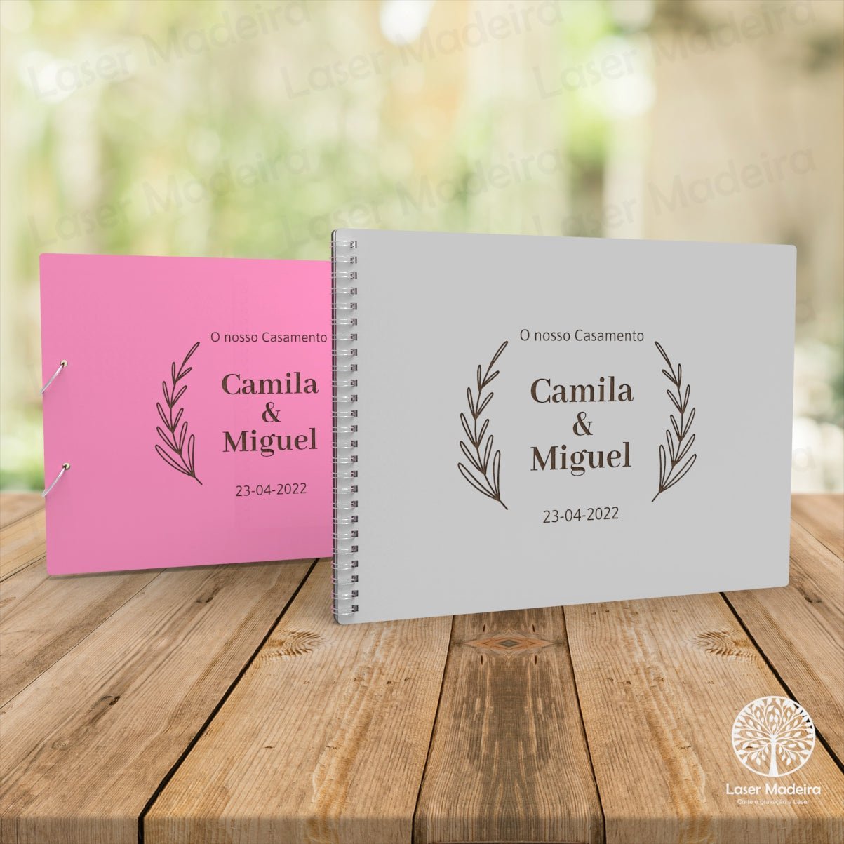 Livro de Honra Personalizado com Folhas - Tamanho A4 - para Casamento - Laser Madeira