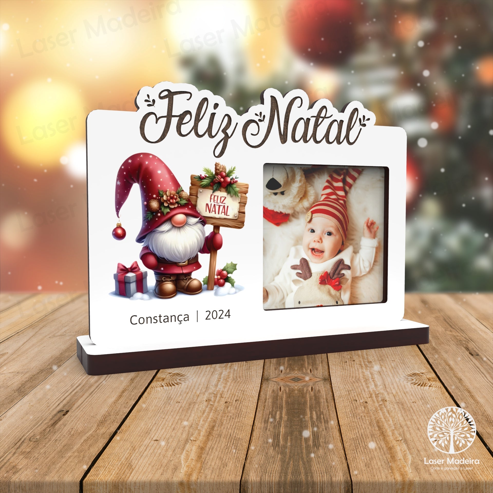 Mini - Moldura Personalizada com Gnomo de Natal - Modelo 2 - Laser Madeira